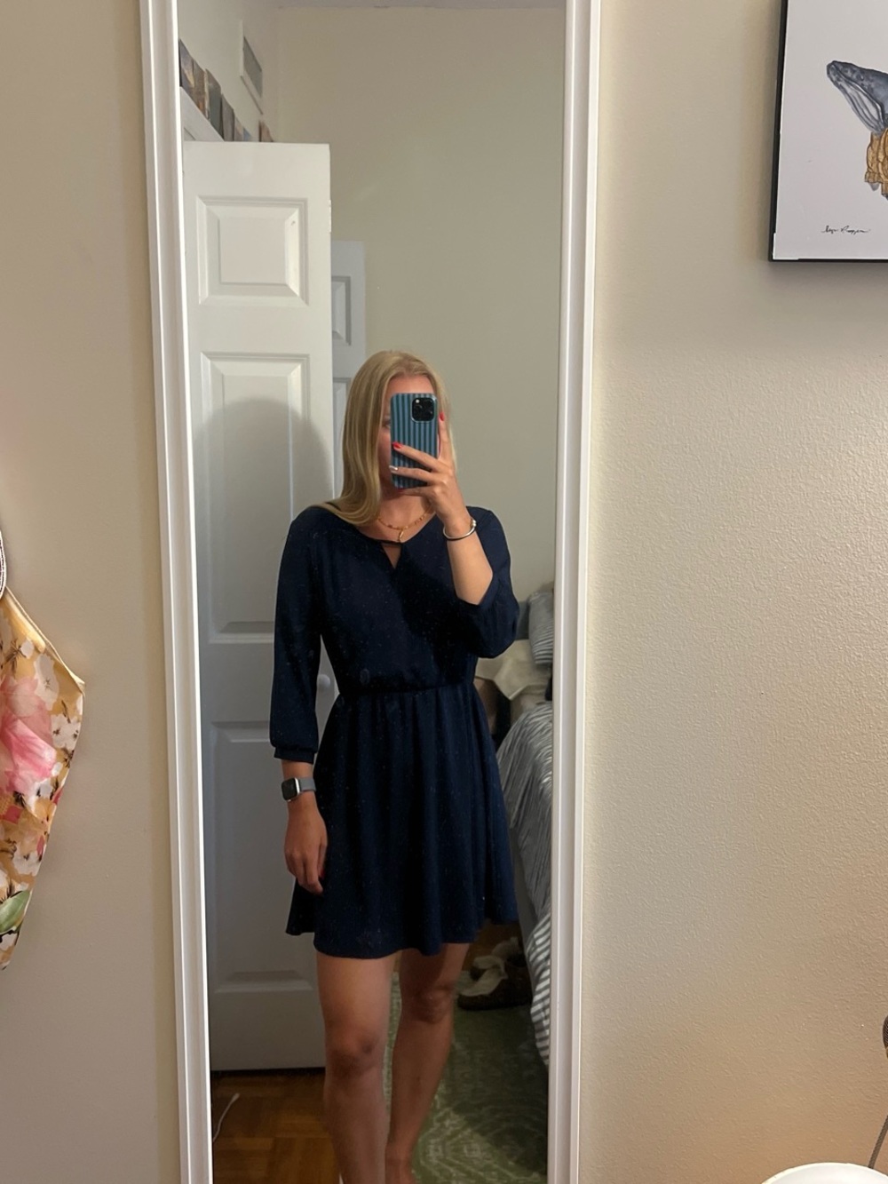 Navy Blue Long Sleeve Wrap-Style Dress
